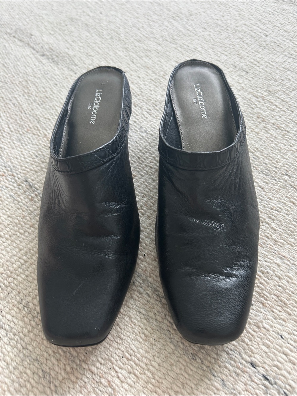 Liz Claiborne Black Leather Square-Toe Slip-On Mules